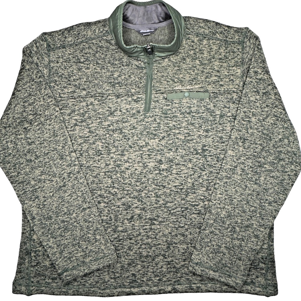 Eddie Bauer Quarter Zip Pullover Mens XXL Green Marled Fleece Mock Neck Pocket